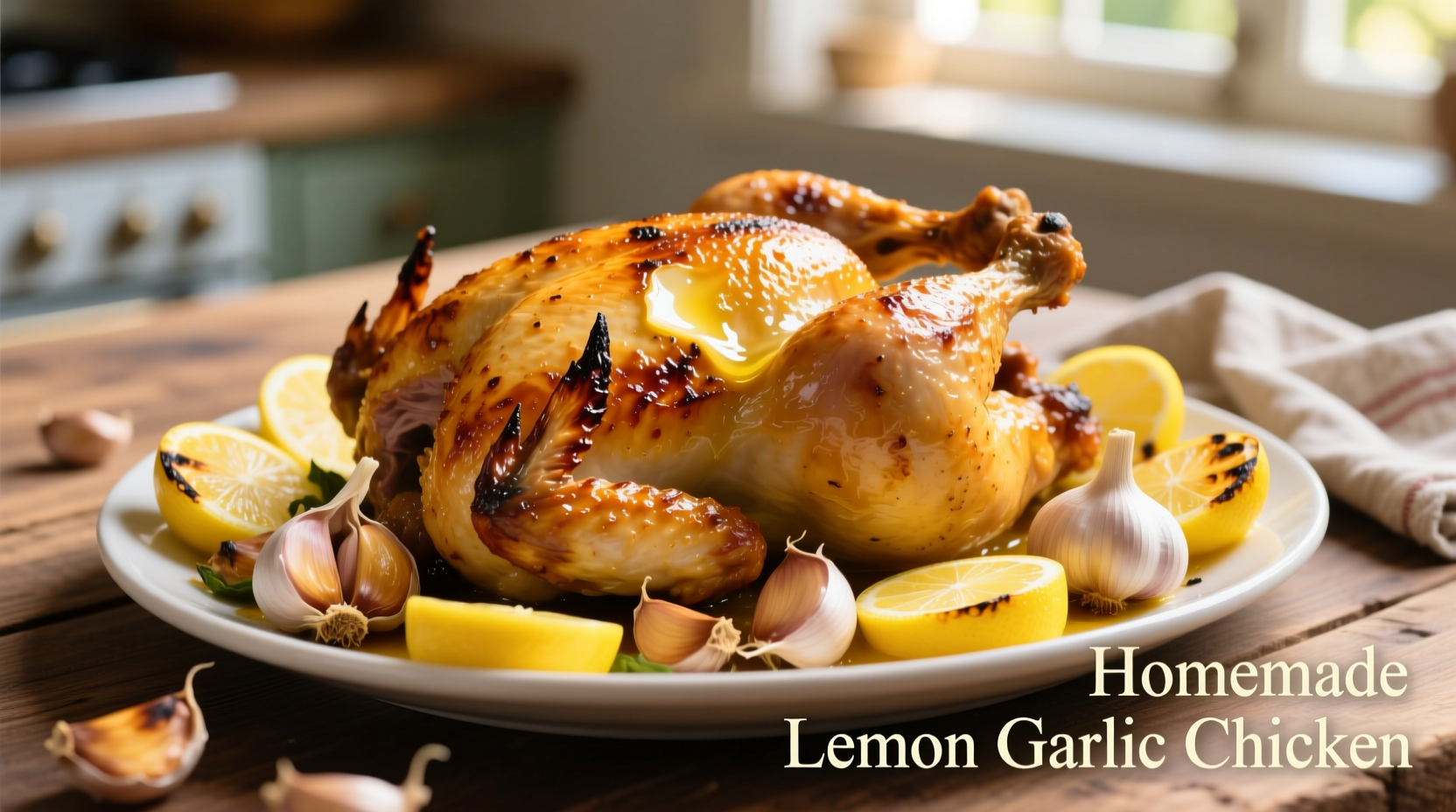 Golden baked chicken with lemon slices and fresh garlic