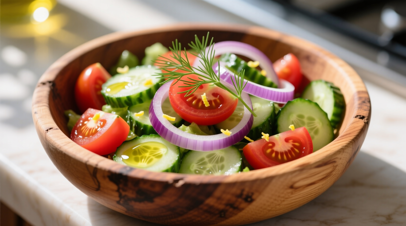 Fresh tomato cucumber onion salad in wooden bowl