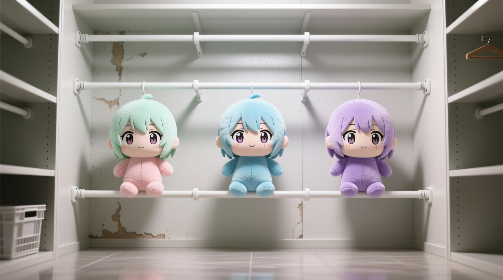 A clean, well-lit closet interior showing three white tension rods installed horizontally at staggered heights, with pastel anime plushies standing upright between them—each facing outward, faces fully visible and undistorted, backs flush against the rear wall. No shelves, bins, or hooks visible.