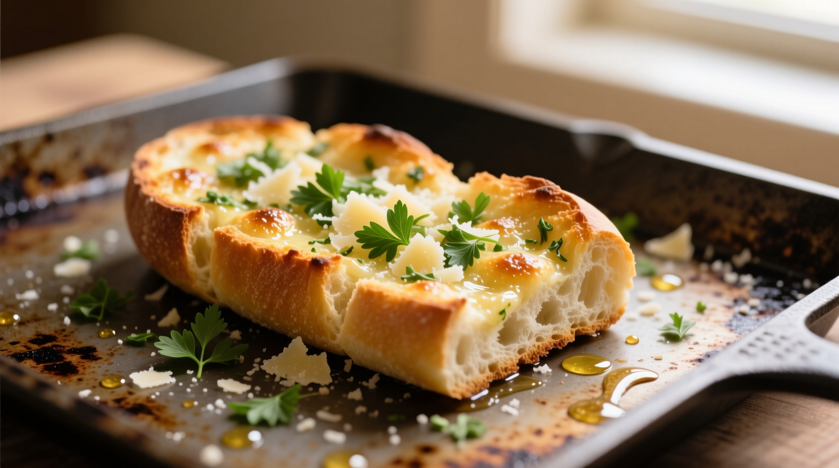 Homemade garlic bread on baking sheet