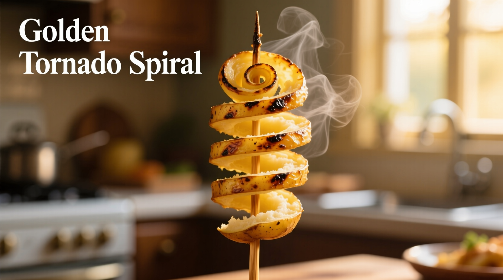 Perfectly golden tornado potato spiral on skewer