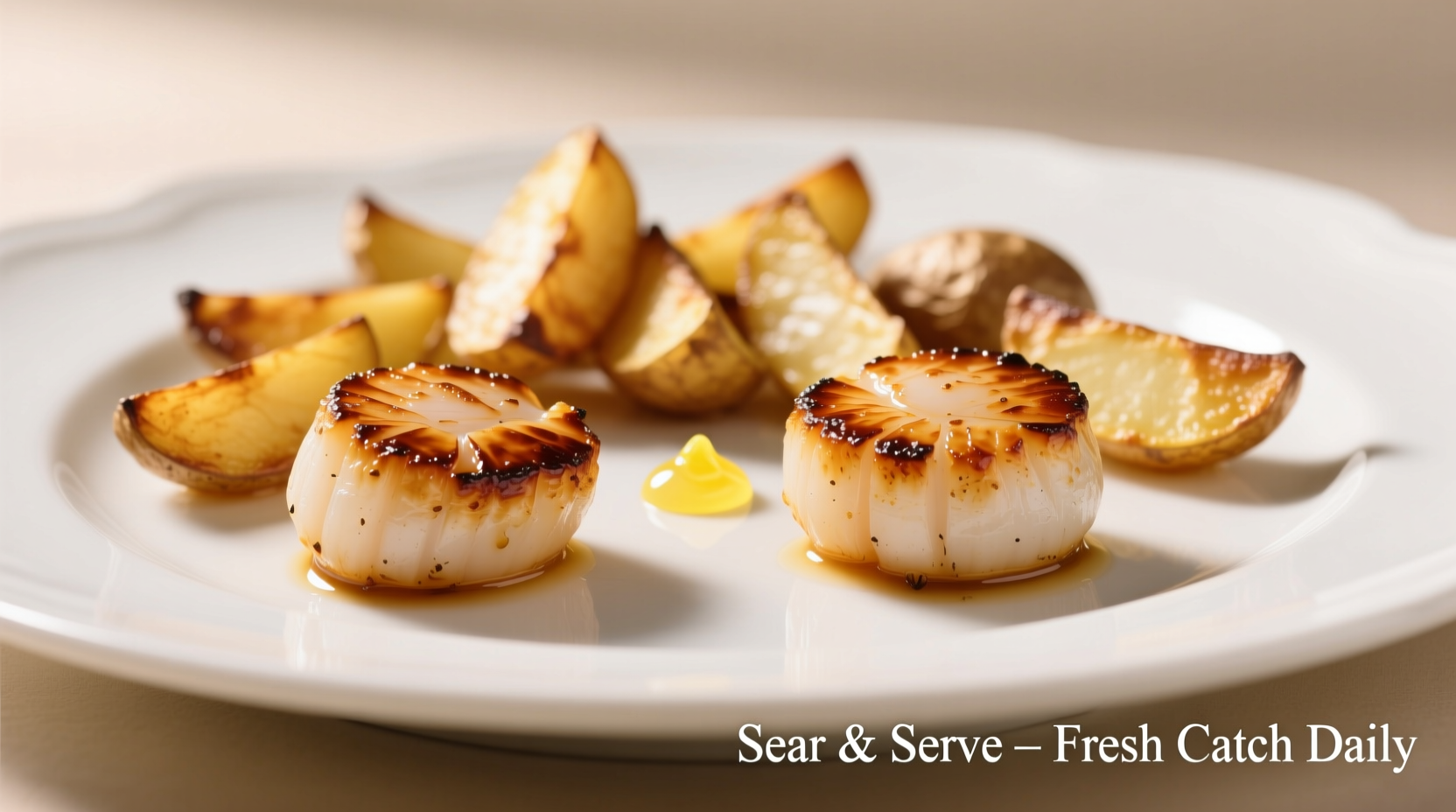 Perfectly seared scallops with golden potatoes on white plate