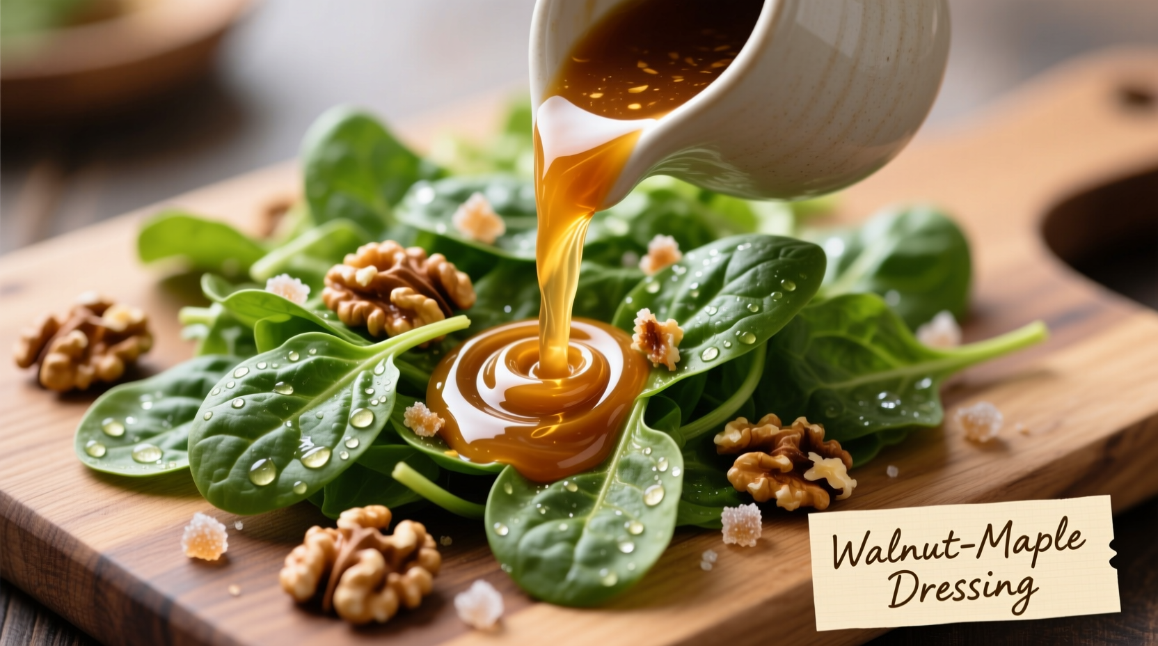 Homemade walnut-maple dressing being poured over fresh spinach salad