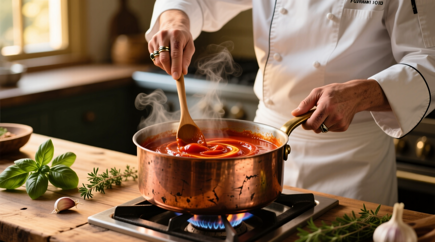 Chef stirring creamy tomato sauce in copper pot