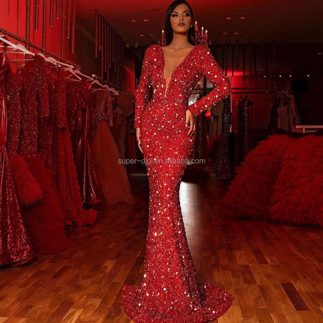 Red Silver Shinning Dresses Women Sequin Fabric Evening Dress Long Halter  Side Slit Party Dresses Mermaid Burgundy Evening Gown