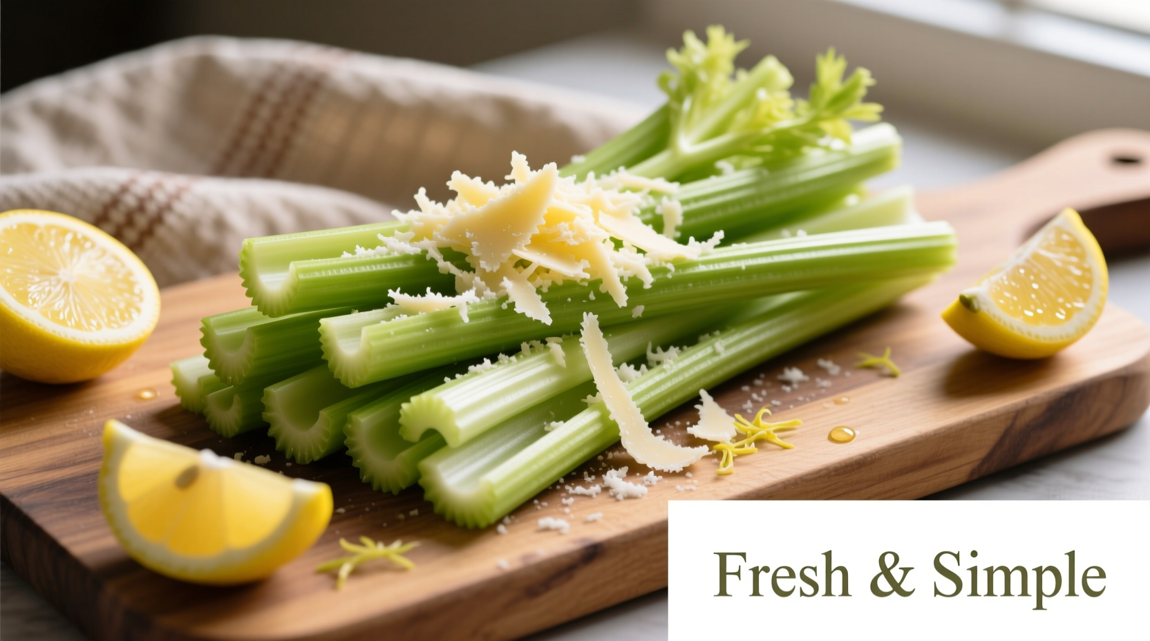Crisp celery sticks with shaved parmesan and lemon wedges