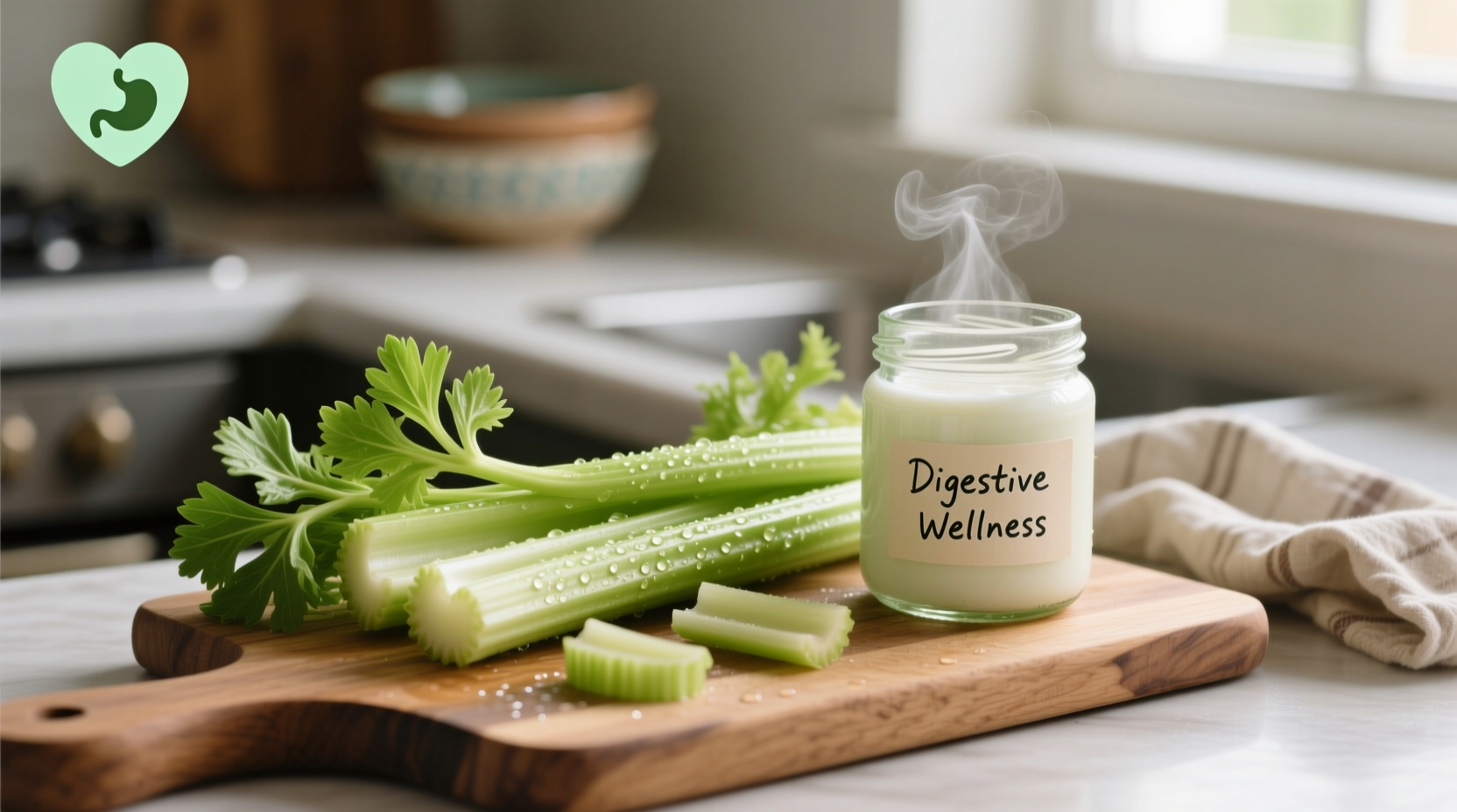 Fresh celery stalks on cutting board with digestive health context