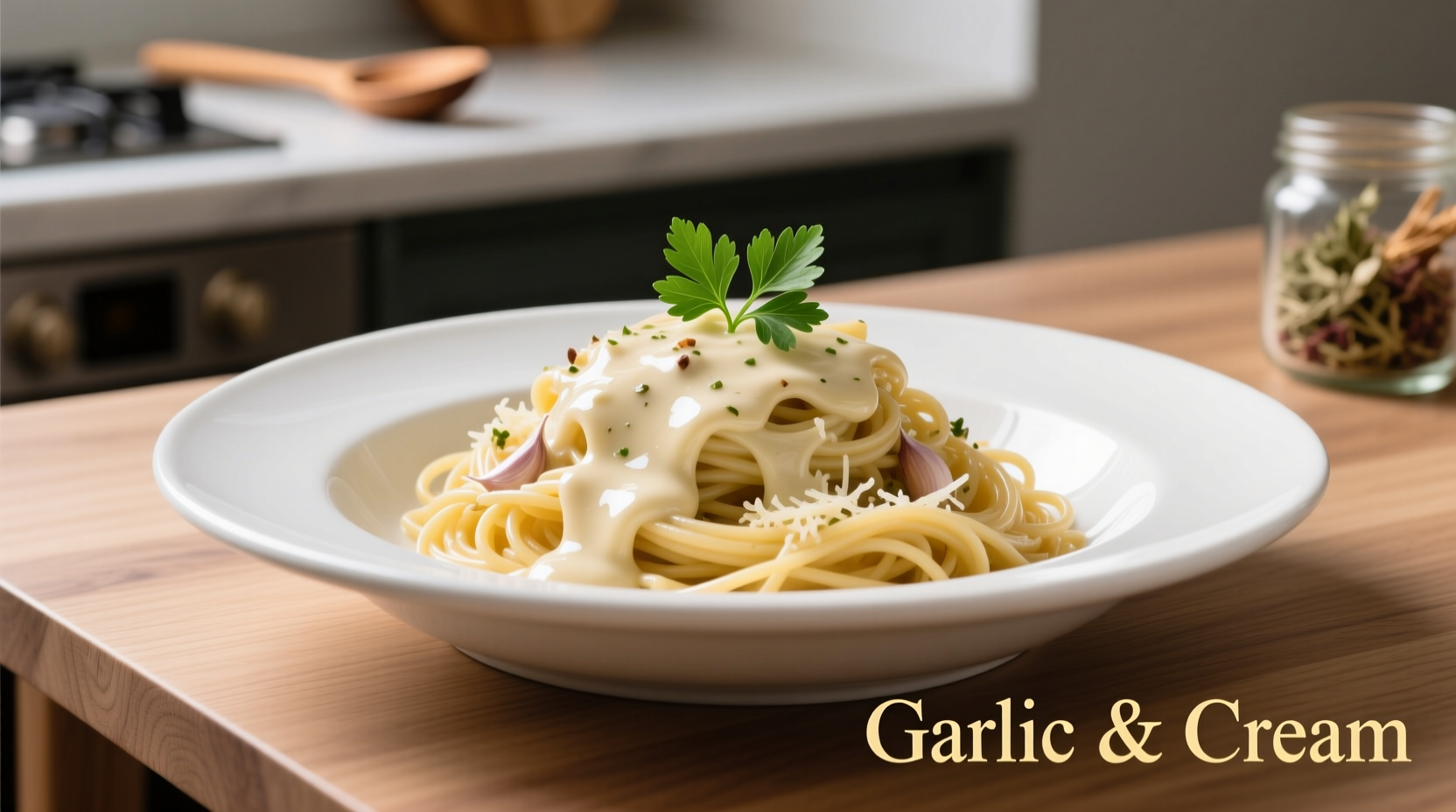 Creamy garlic sauce in white bowl with pasta