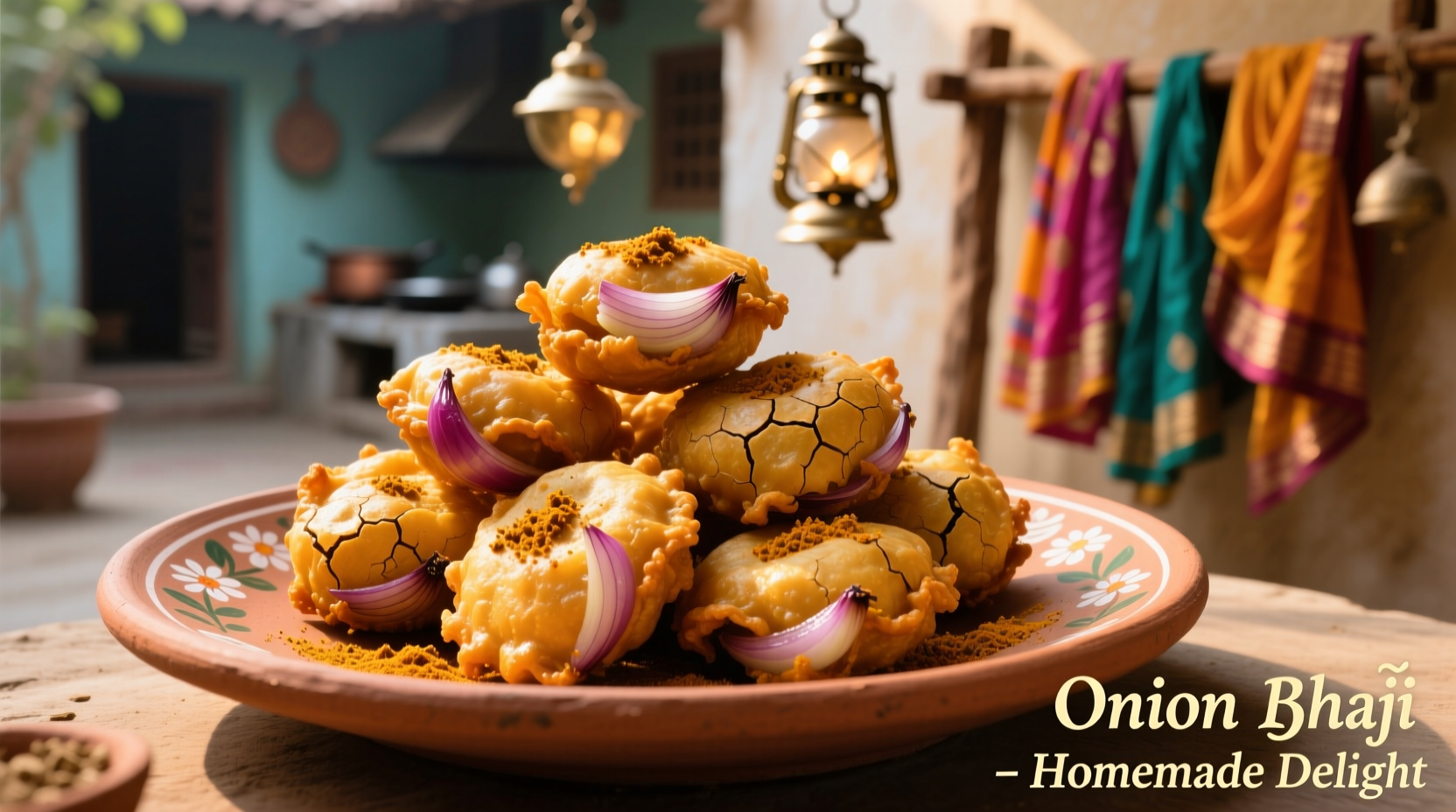 Crispy golden onion bhajis on a traditional Indian plate