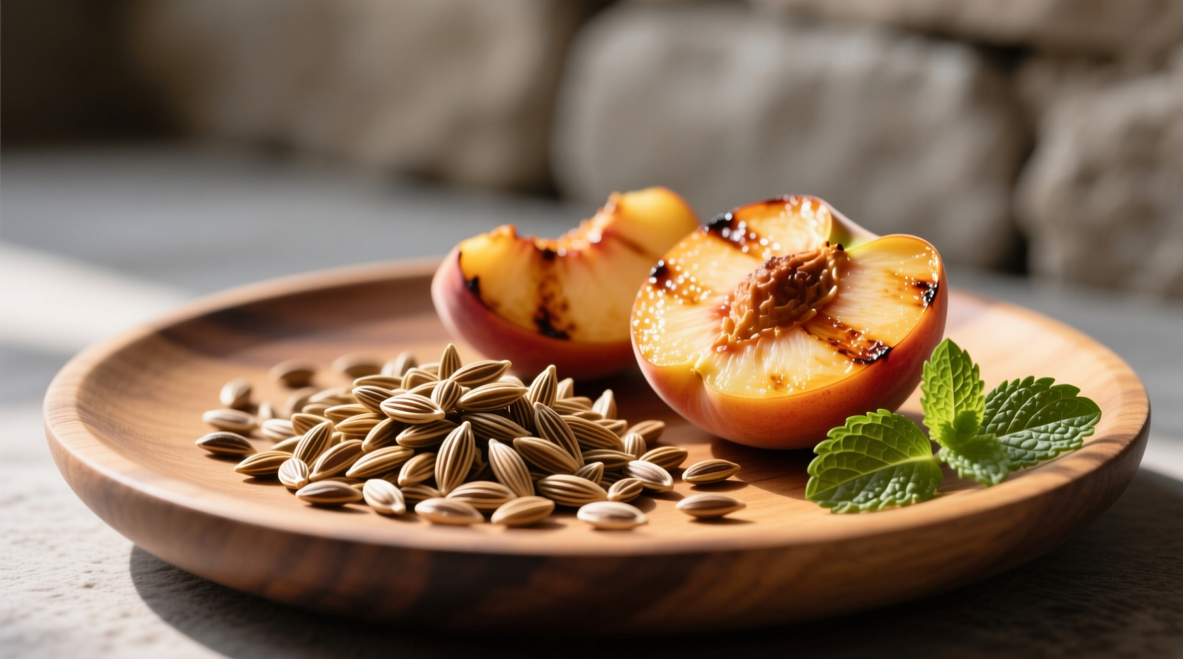 Fennel seeds paired with grilled peaches and mint garnish on a rustic plate