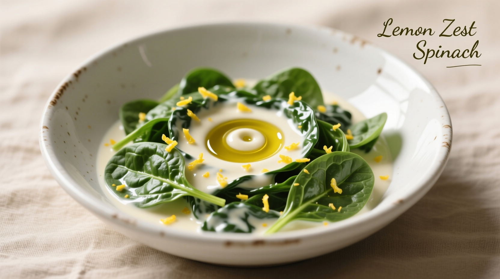 Creamy spinach with lemon zest in white bowl