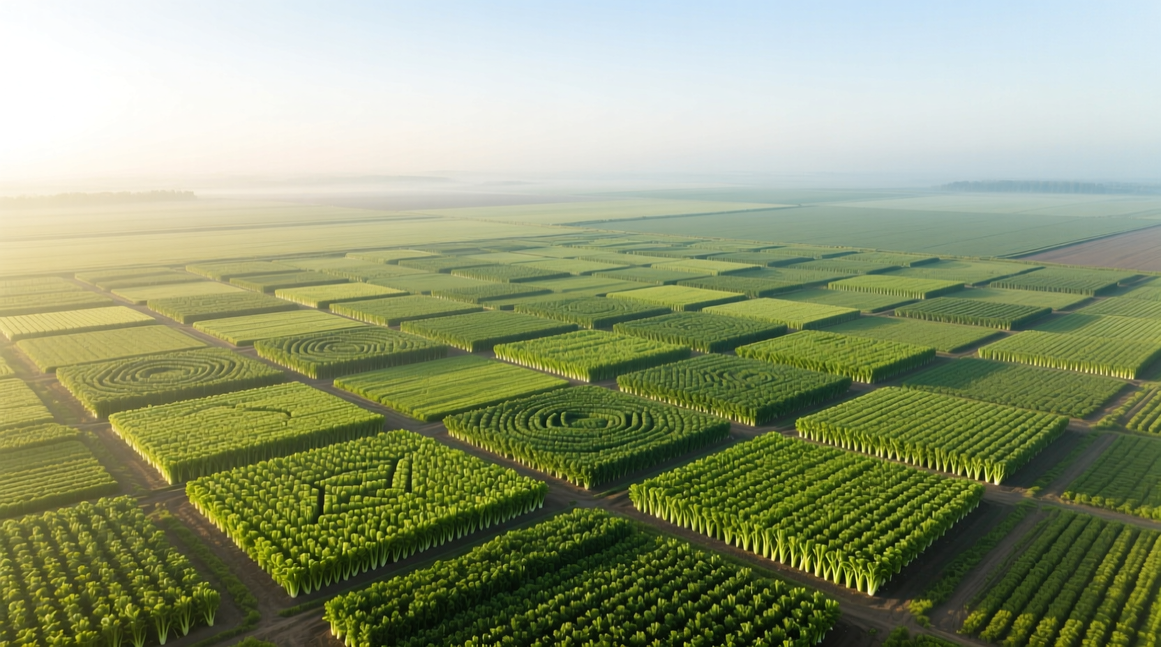 Aerial view of commercial celery fields showing geometric patterns