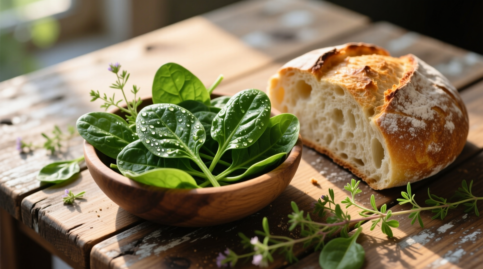 Fresh spinach and artisan bread on wooden table