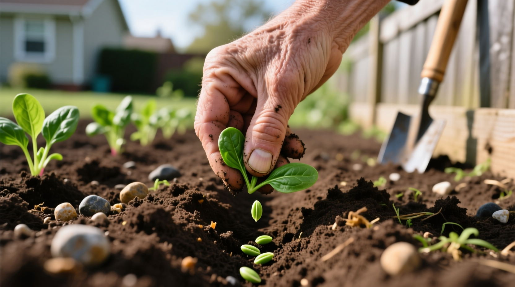 Hand placing spinach seeds in prepared garden soil