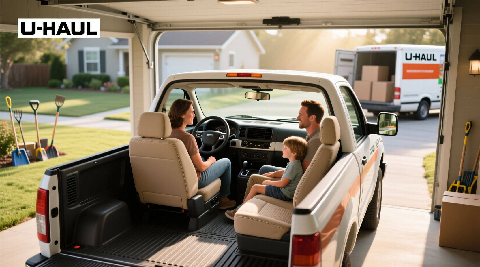Interior view of U-Haul pickup truck cab showing three-seat bench and dashboard layout