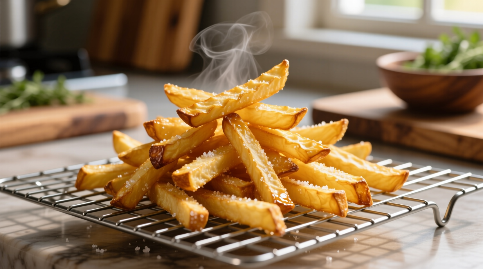 Golden crispy potato fries on wire cooling rack
