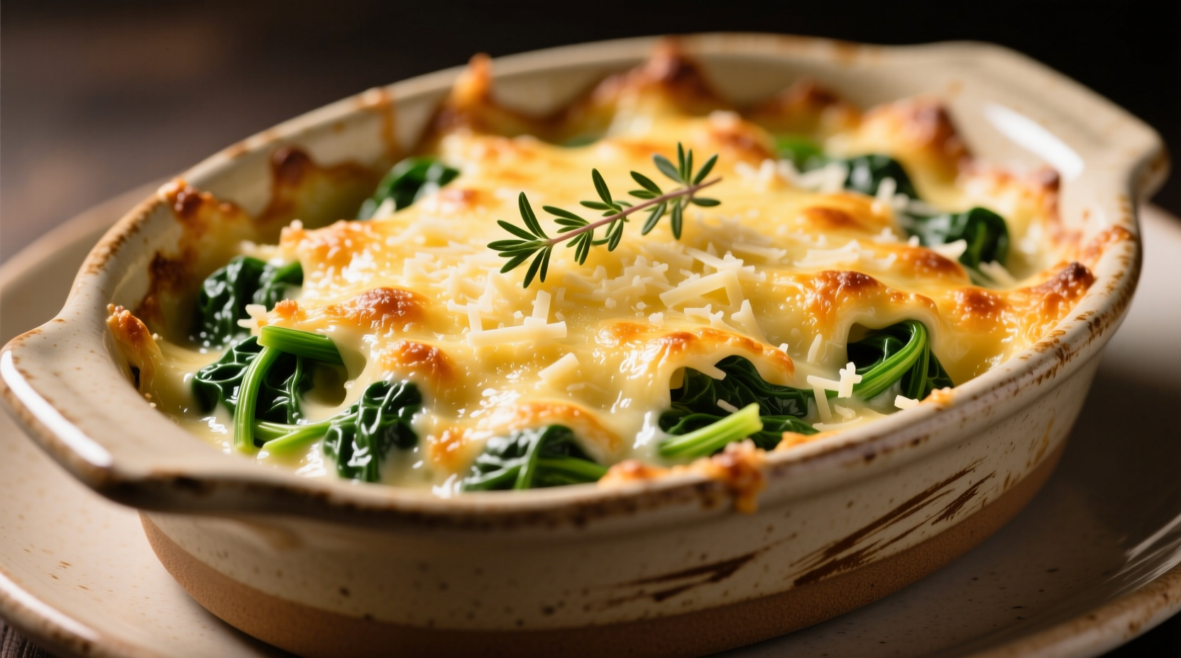 Golden spinach au gratin in ceramic dish