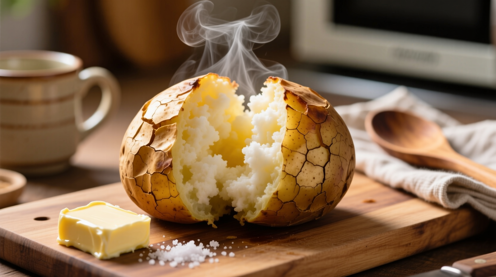 Perfectly cooked microwave baked potato with fluffy interior