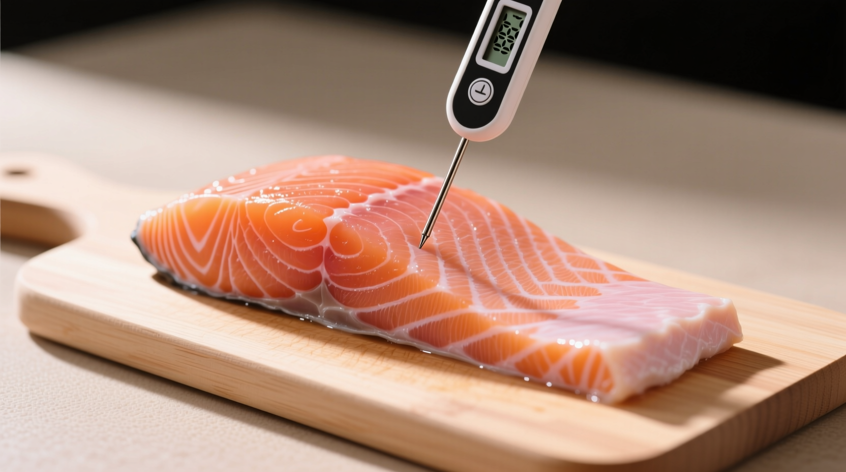 Proper thermometer placement: tip centered in salmon fillet, parallel to the skin
