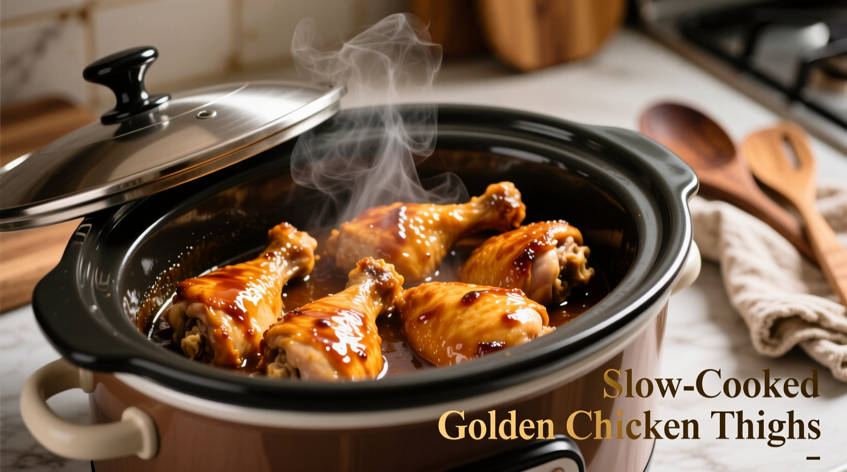 Slow cooker filled with golden chicken thighs