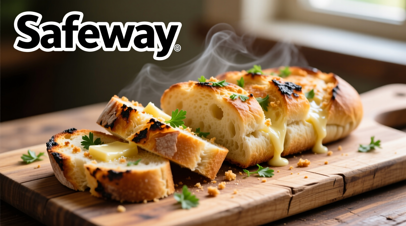 Sliced Safeway garlic bread on wooden cutting board