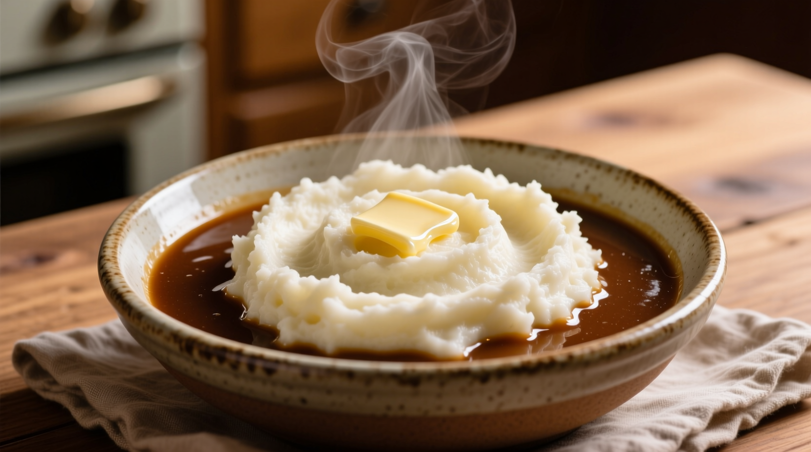 Creamy mashed potatoes with rich brown gravy