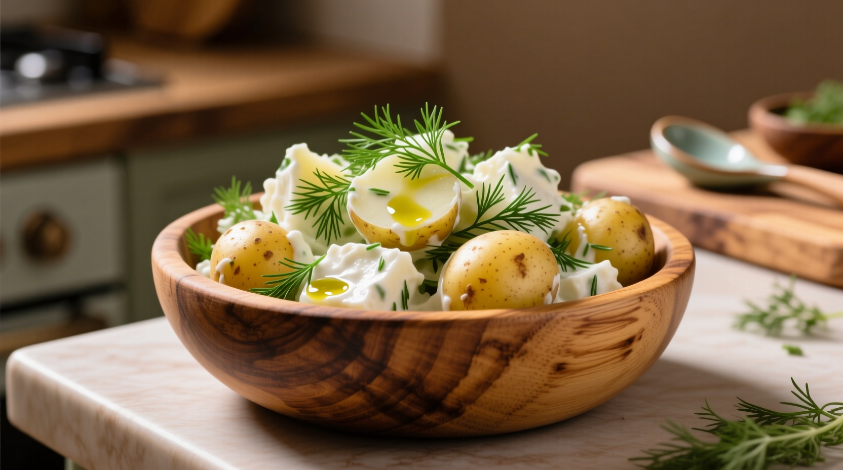 Fresh dill potato salad in wooden bowl
