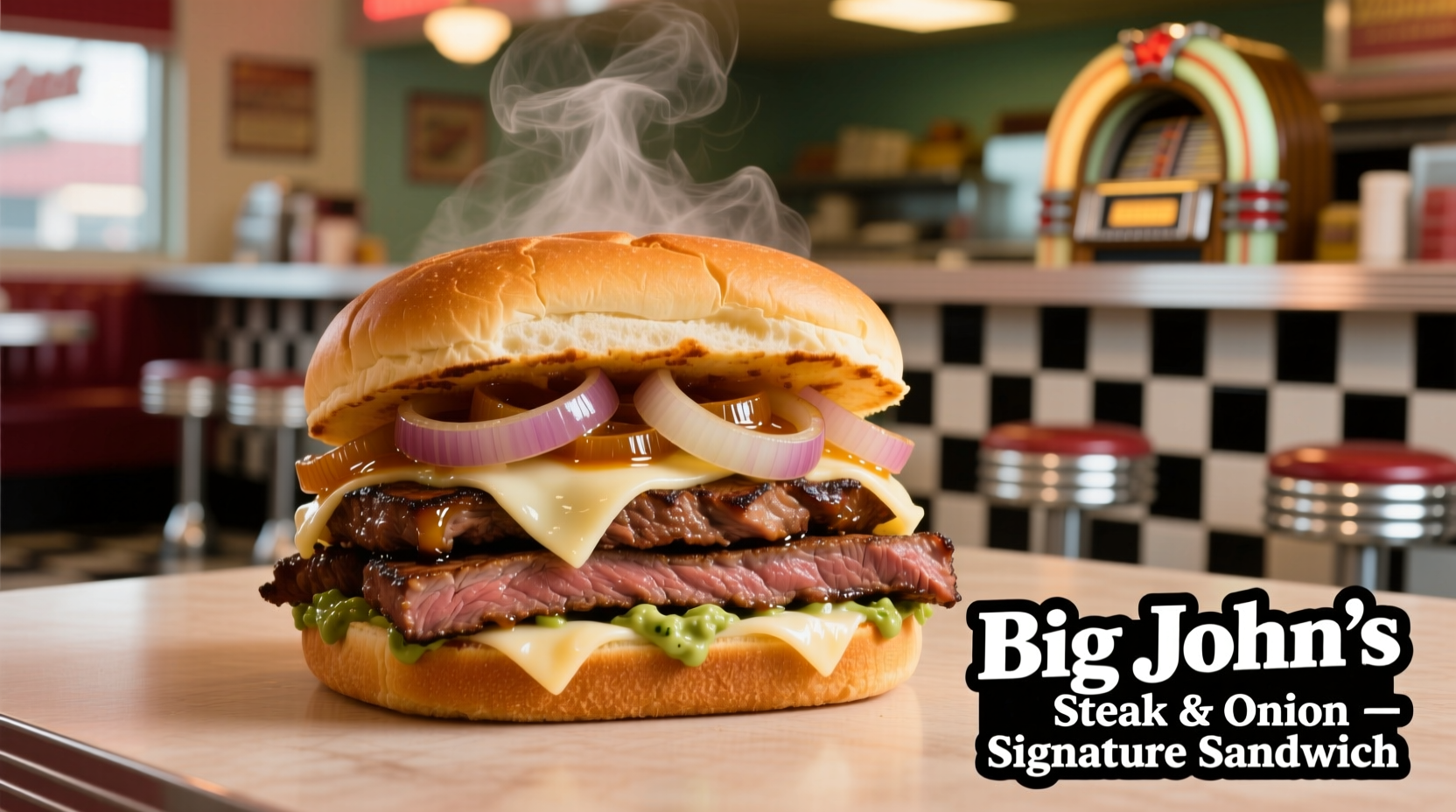 Big John's Steak and Onion signature sandwich on a soft roll