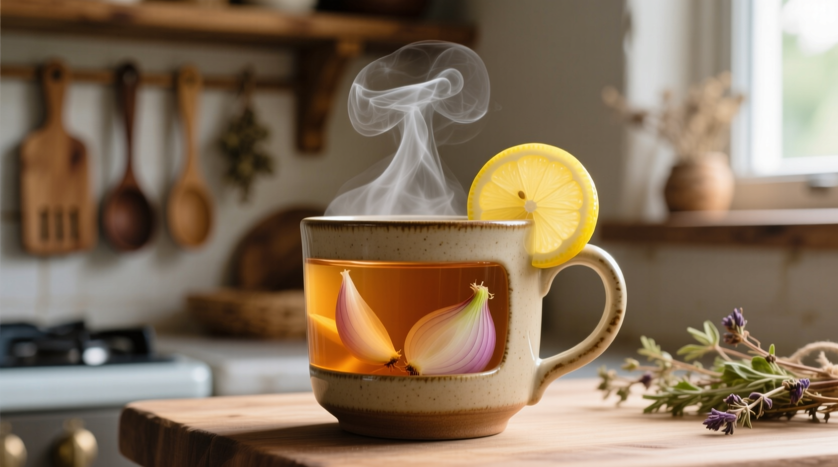 Freshly prepared onion tea in a ceramic mug with lemon slice