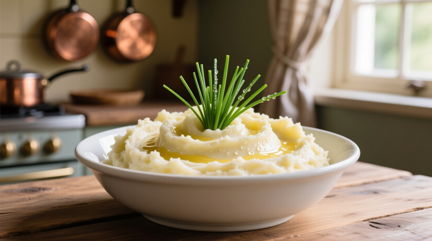 Creamy garlic mashed potatoes in white bowl with chive garnish