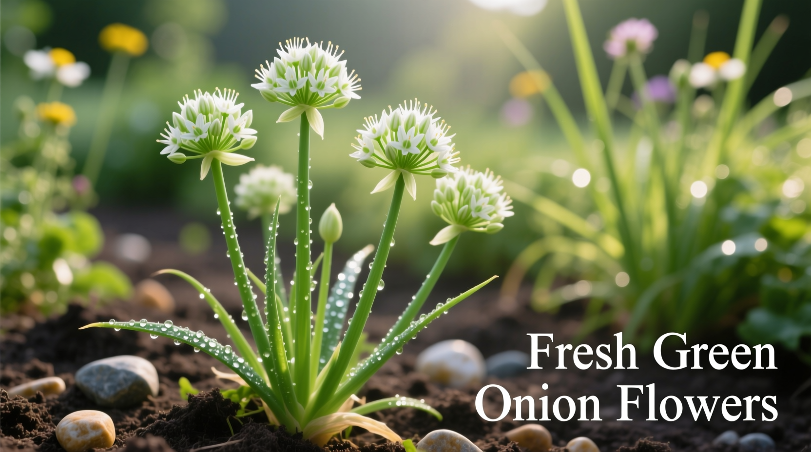 Fresh green onion flowers on garden stalk