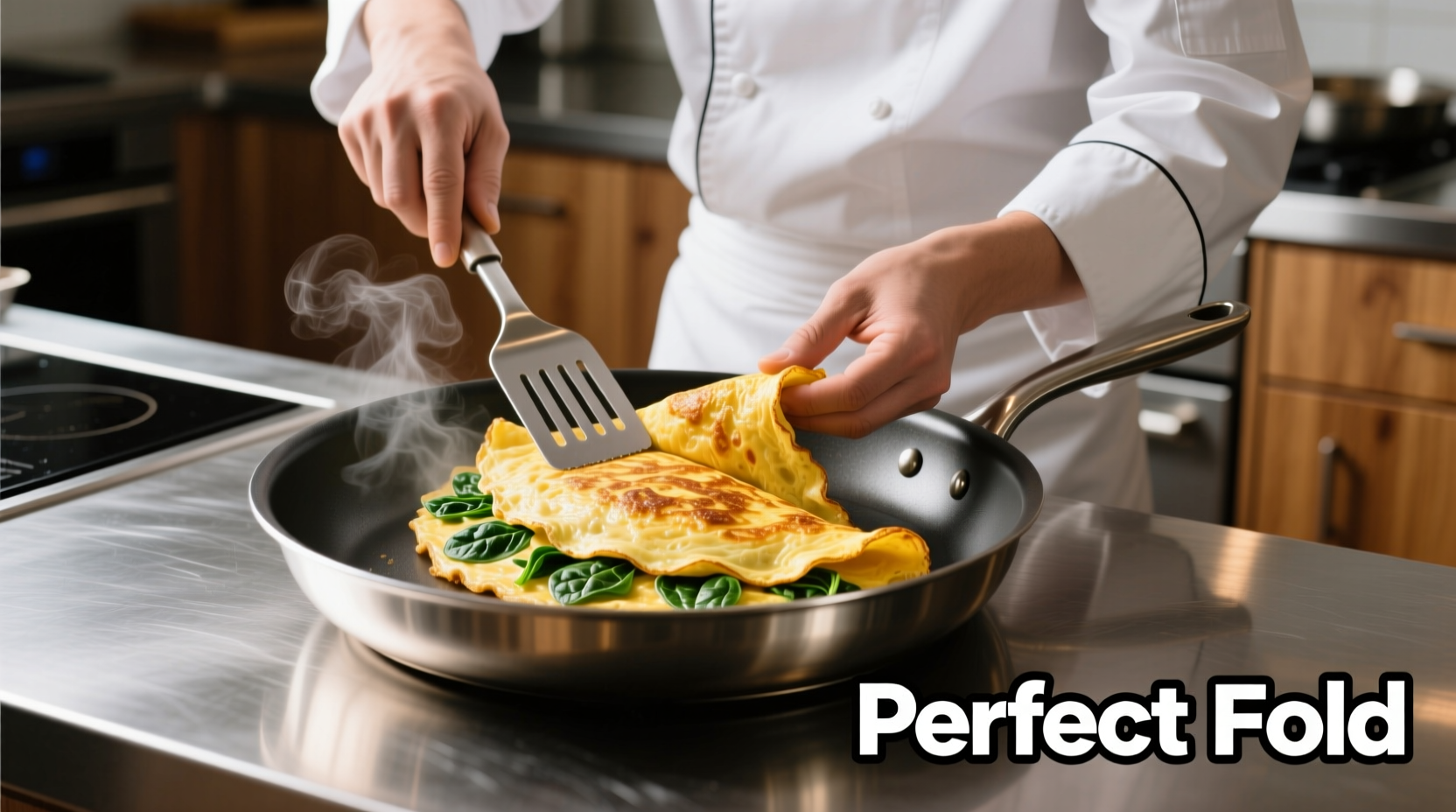 Chef folding perfect golden spinach omelette in nonstick pan