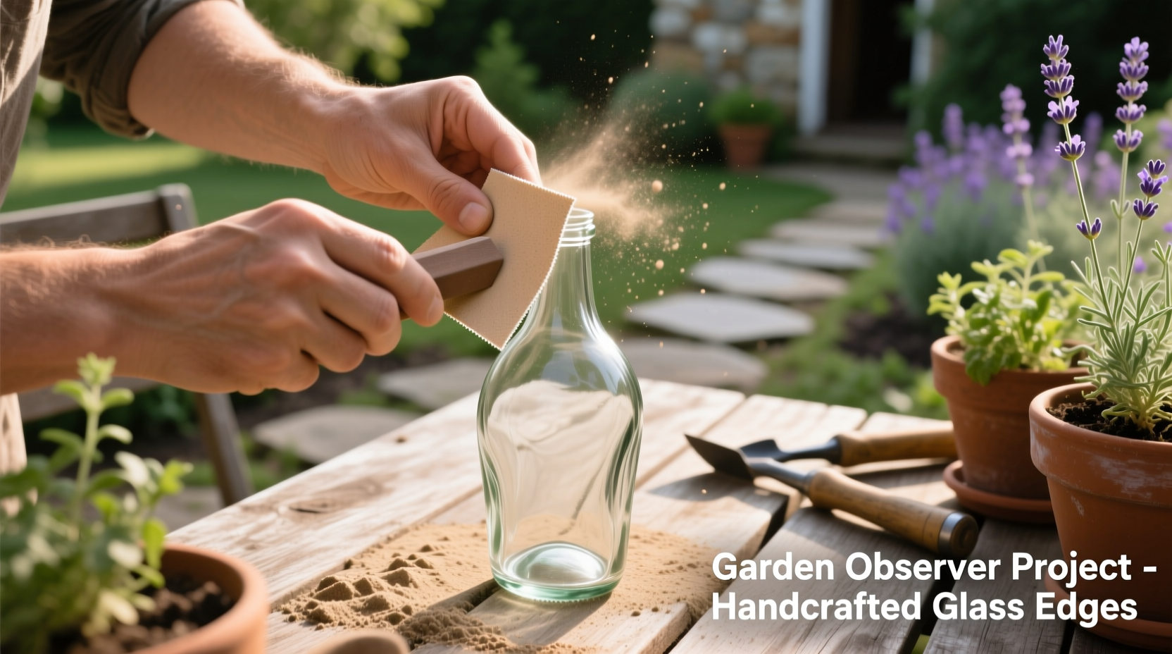Hand sanding glass bottle edges for garden observer project