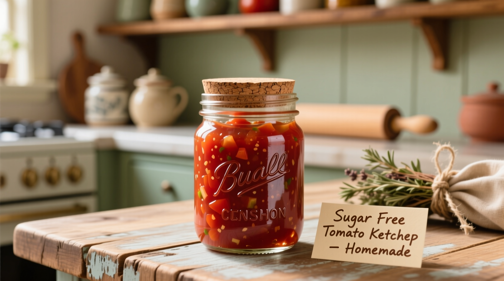 Homemade sugar-free tomato ketchup in glass bottle