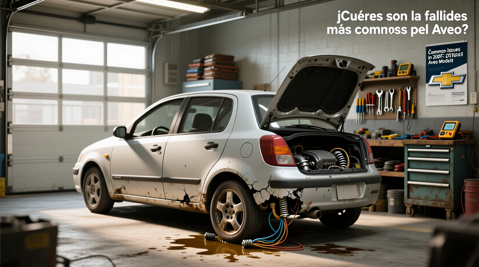 Mechanic inspecting engine bay of 2007 Aveo hatchback