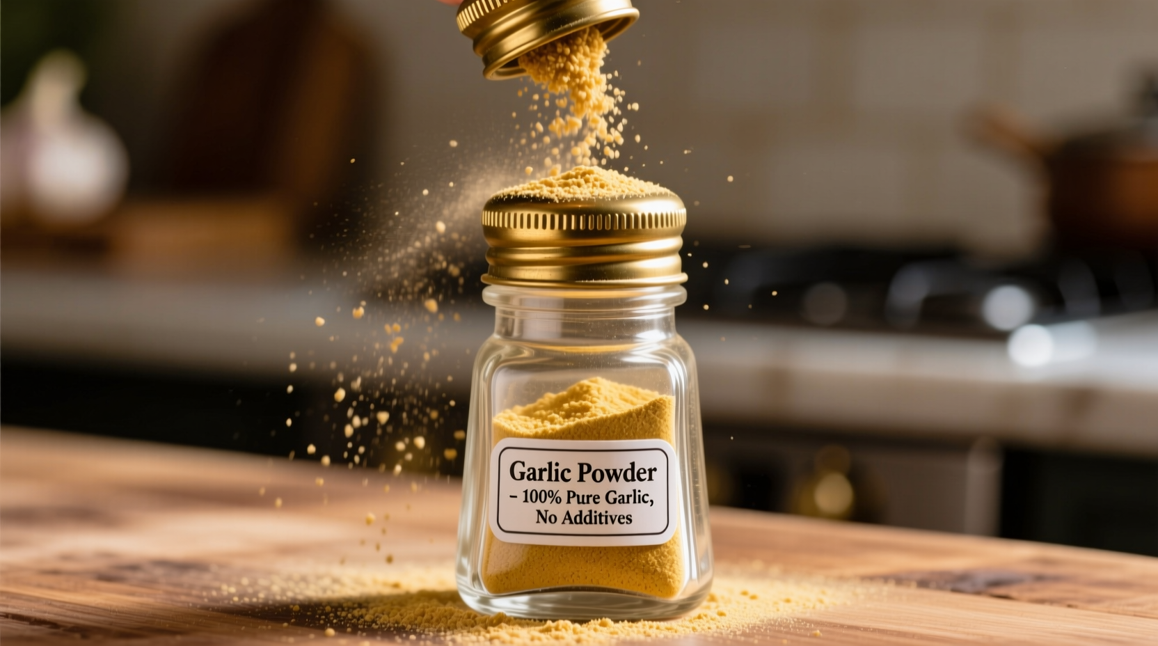 Close-up of garlic powder in shaker with ingredient label