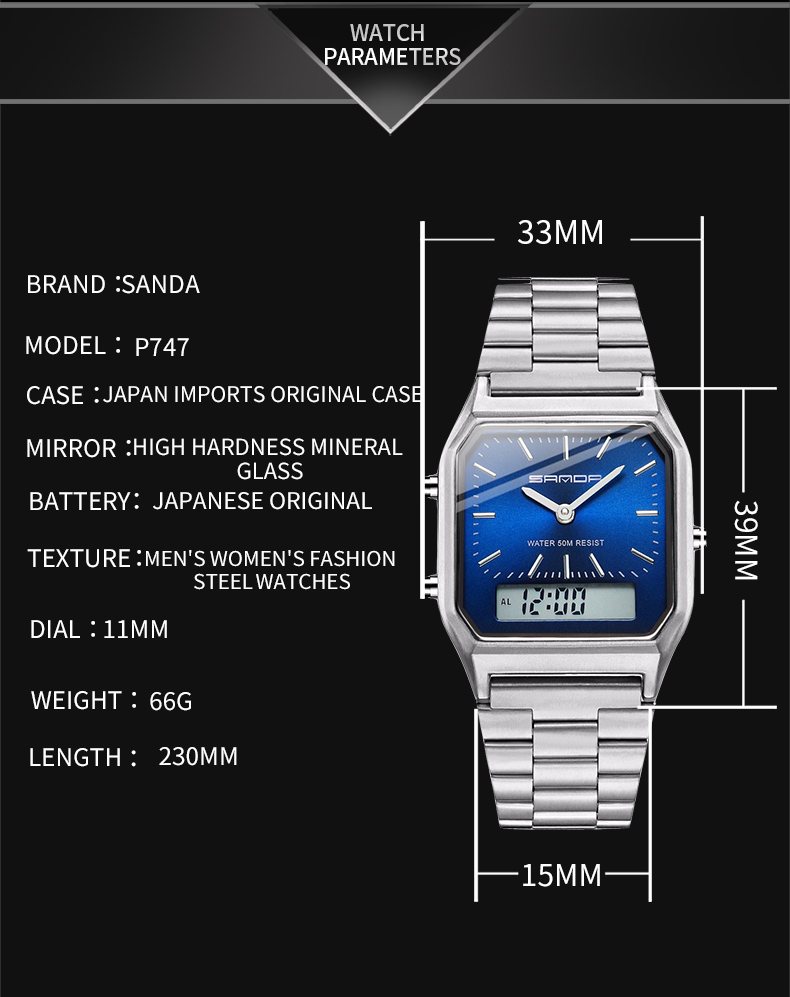 Orologio Sanda Donna Rettangolare In Pelle Quarzo – Lusso Casual Impermeabile – Quadrante Blu
