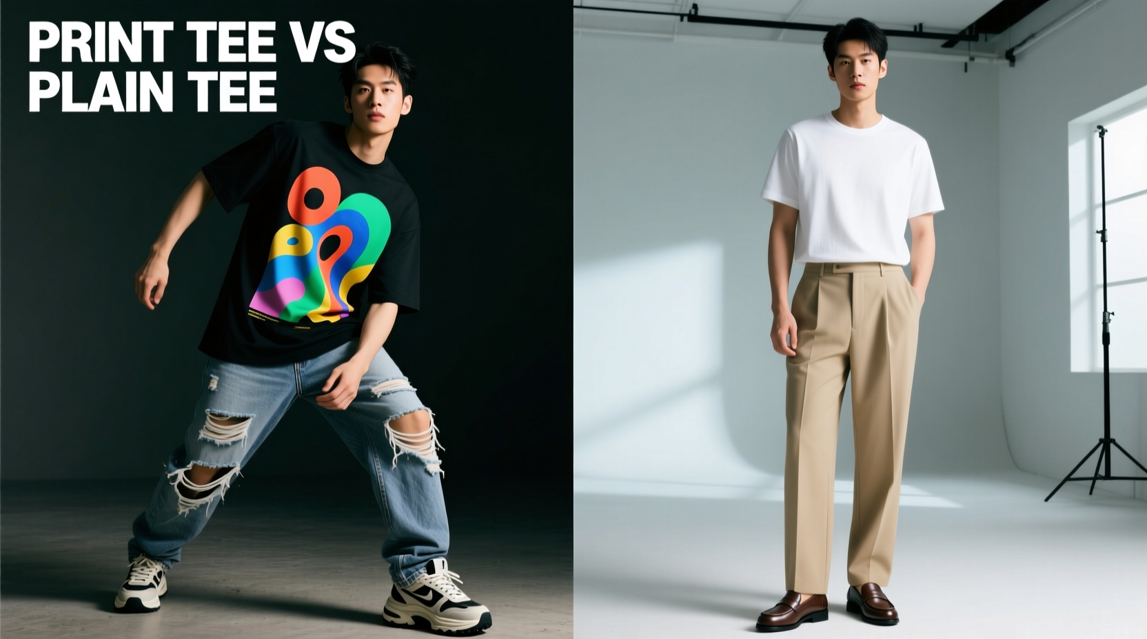 print tee outfit vs plain tee set are printed shirts still trendy or is simple better