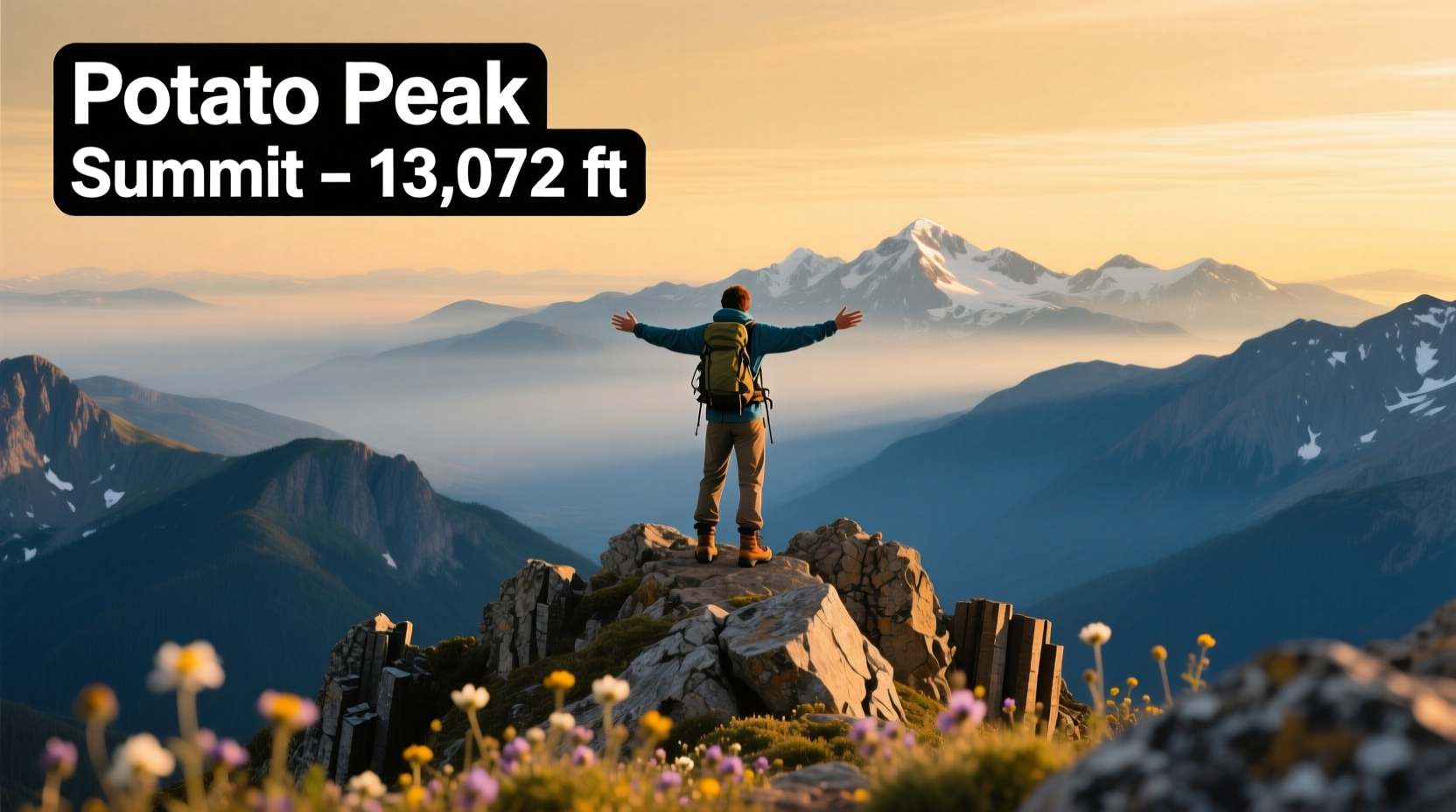 Hiker standing at Potato Peak summit with panoramic San Juan Mountains view