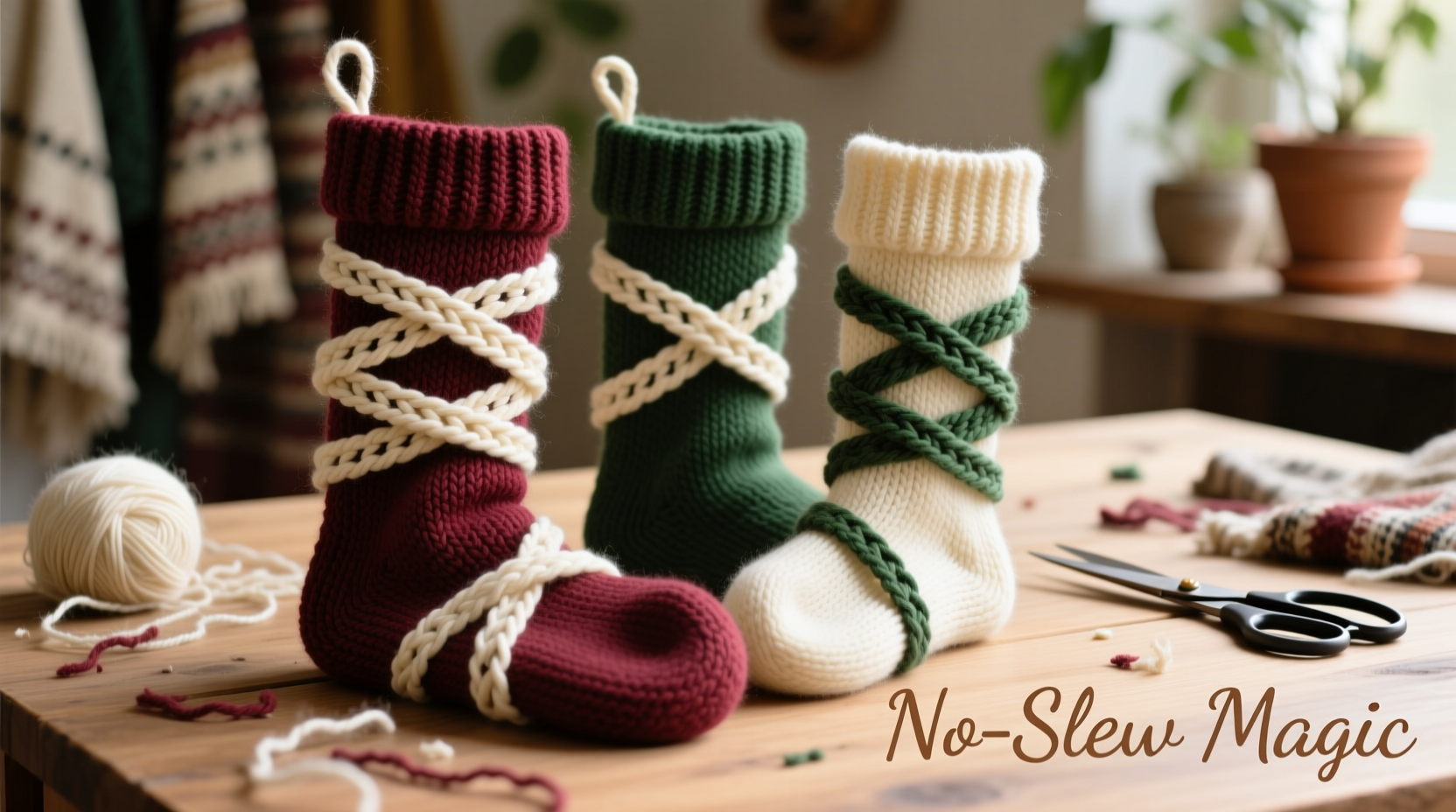 Upcycled sweater fabric cut into strips for no-sew stockings