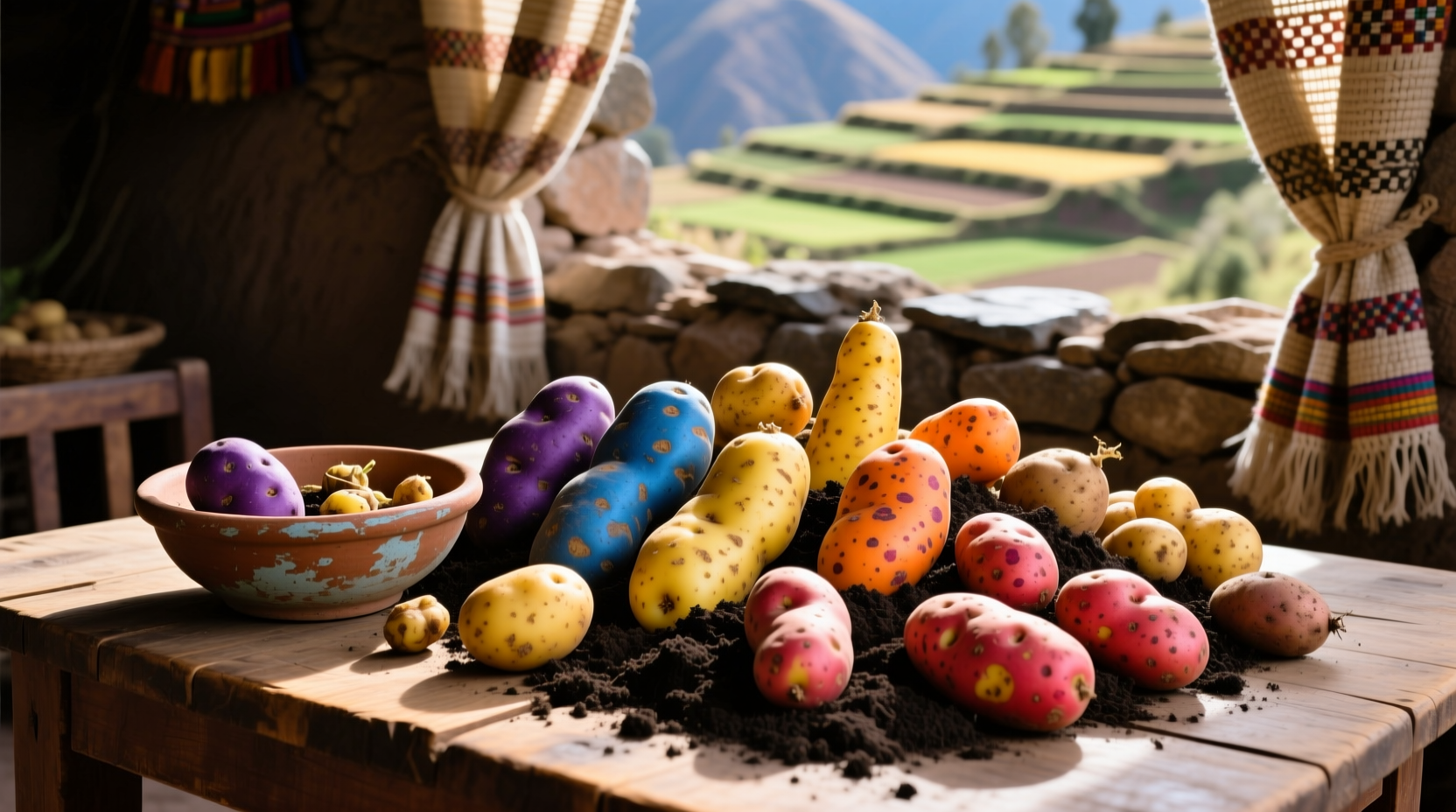 Traditional Andean potatoes in various colors and shapes