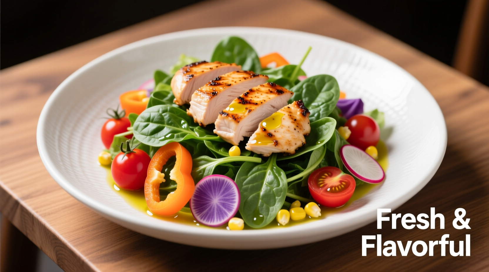 Fresh spinach salad with grilled chicken and colorful vegetables