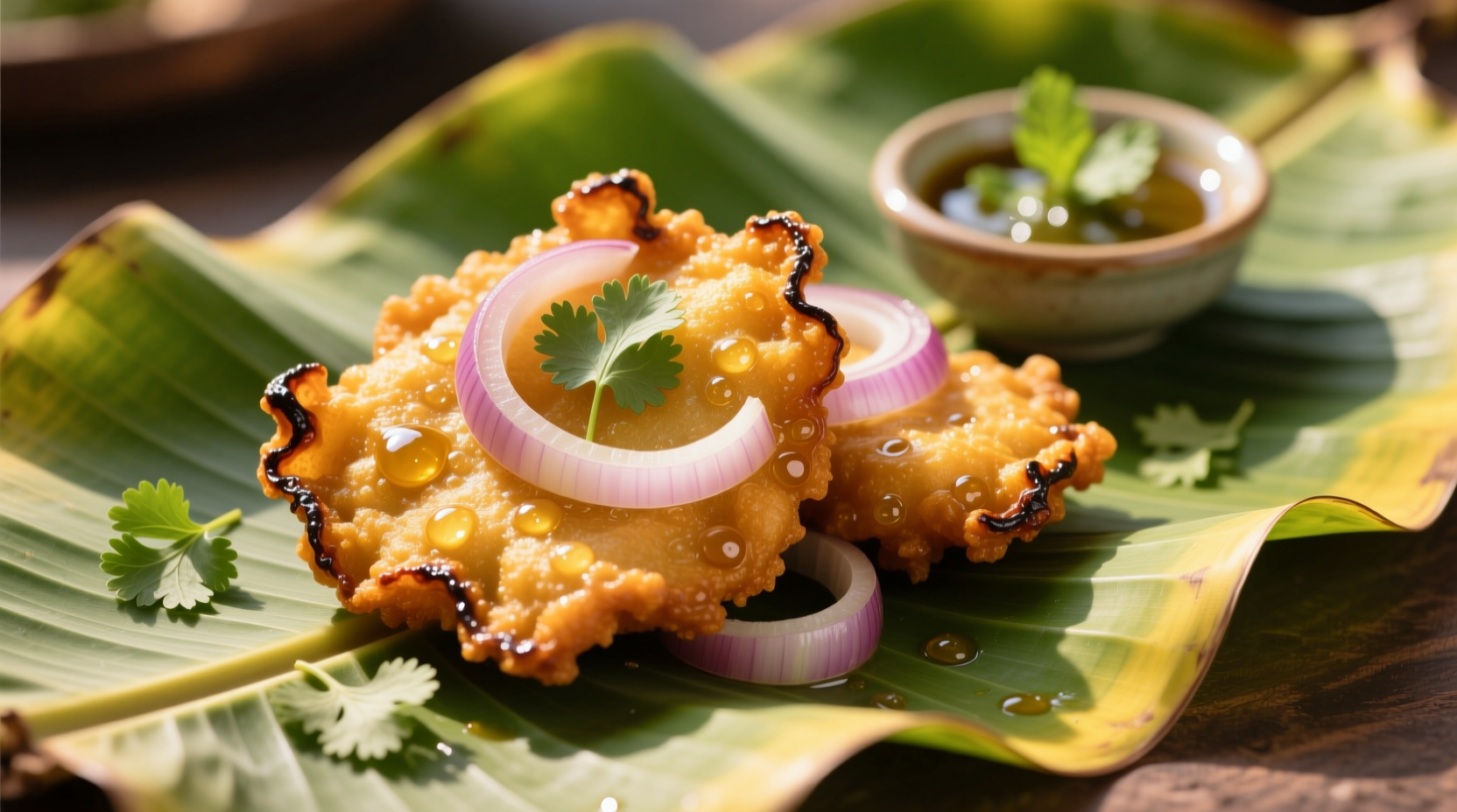 Golden brown onion pakoda served on banana leaf