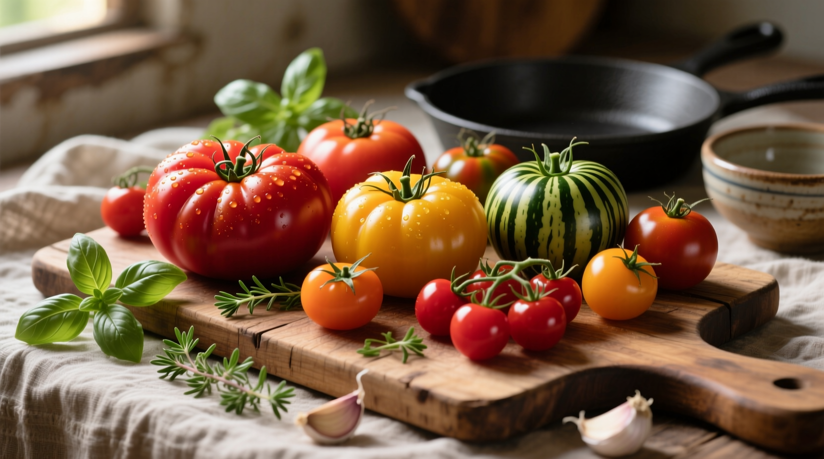Fresh tomato varieties arranged for cooking