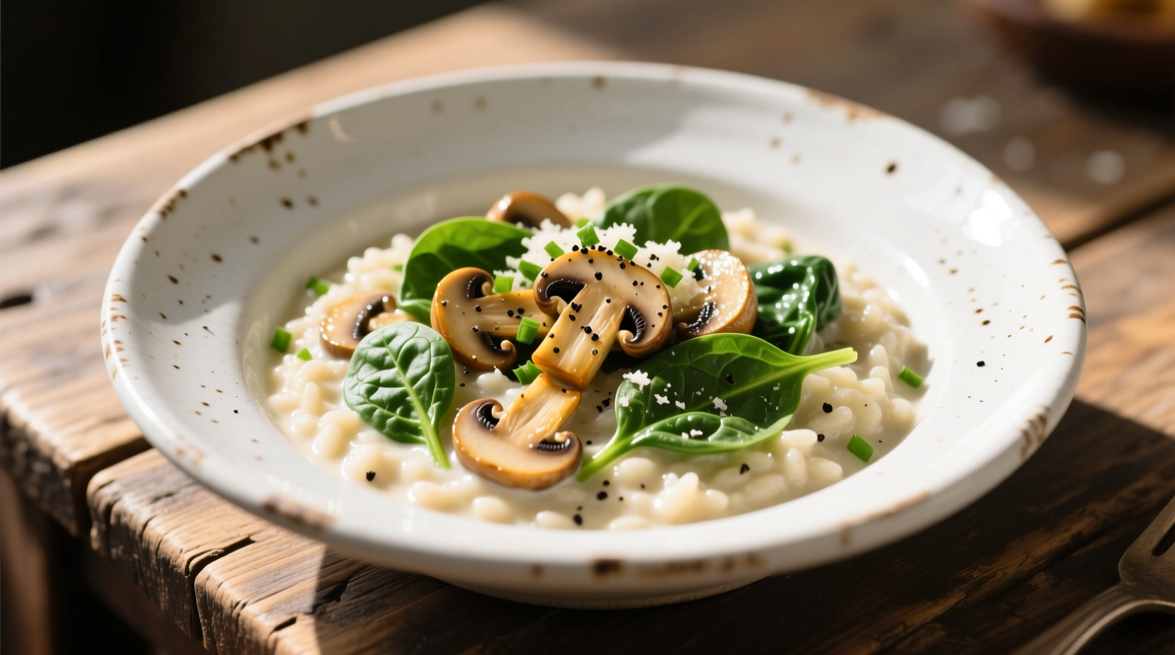 Creamy spinach and mushroom dish in white bowl