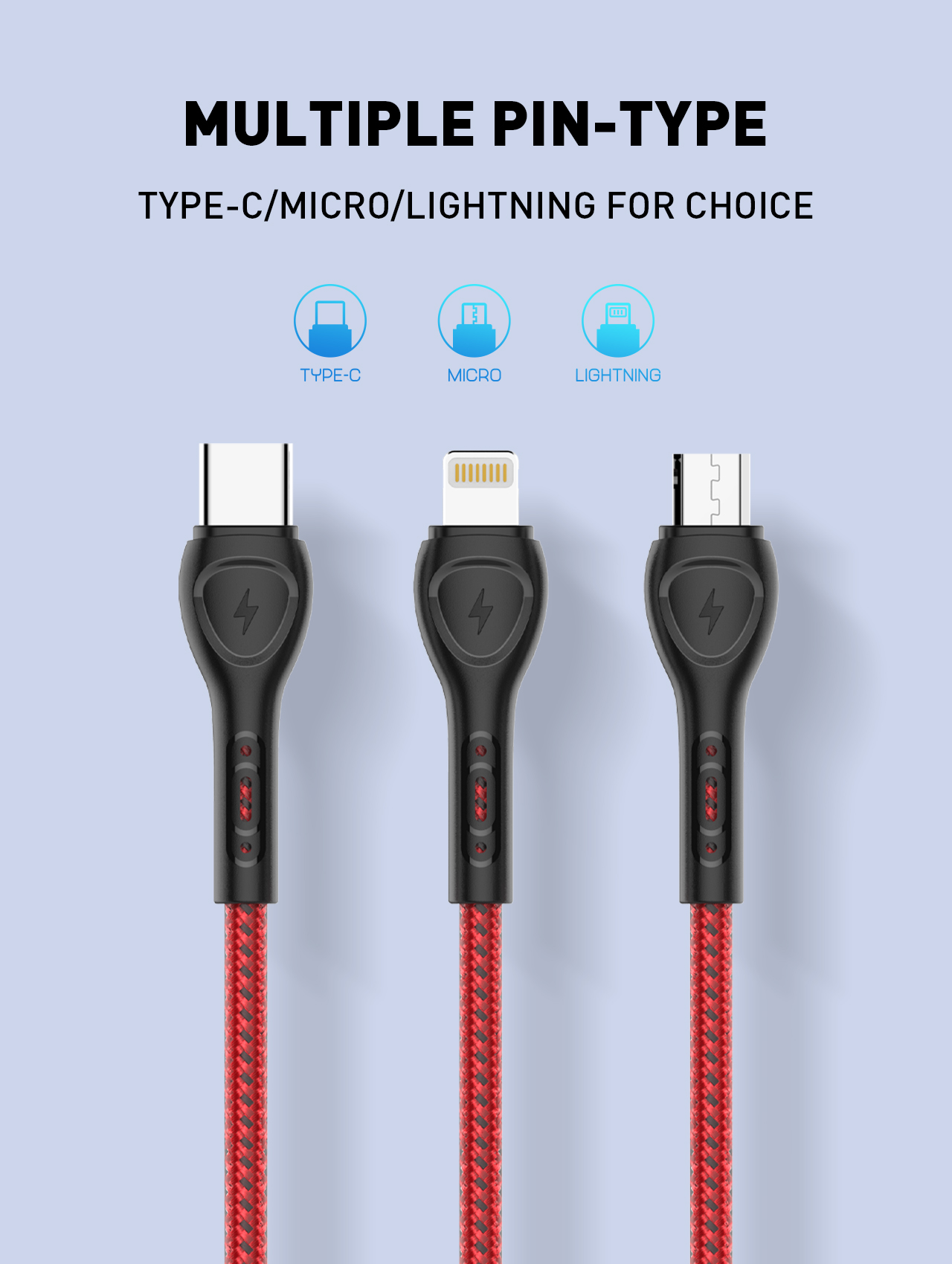 LDNIO LS482 Quick Charging Cable USB Type C Micro Lightning For Choice 2.4A