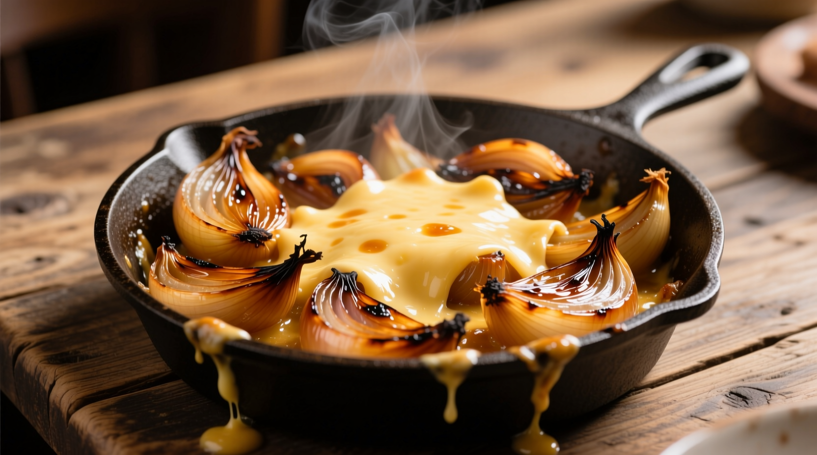 Cheese and caramelized onions in skillet