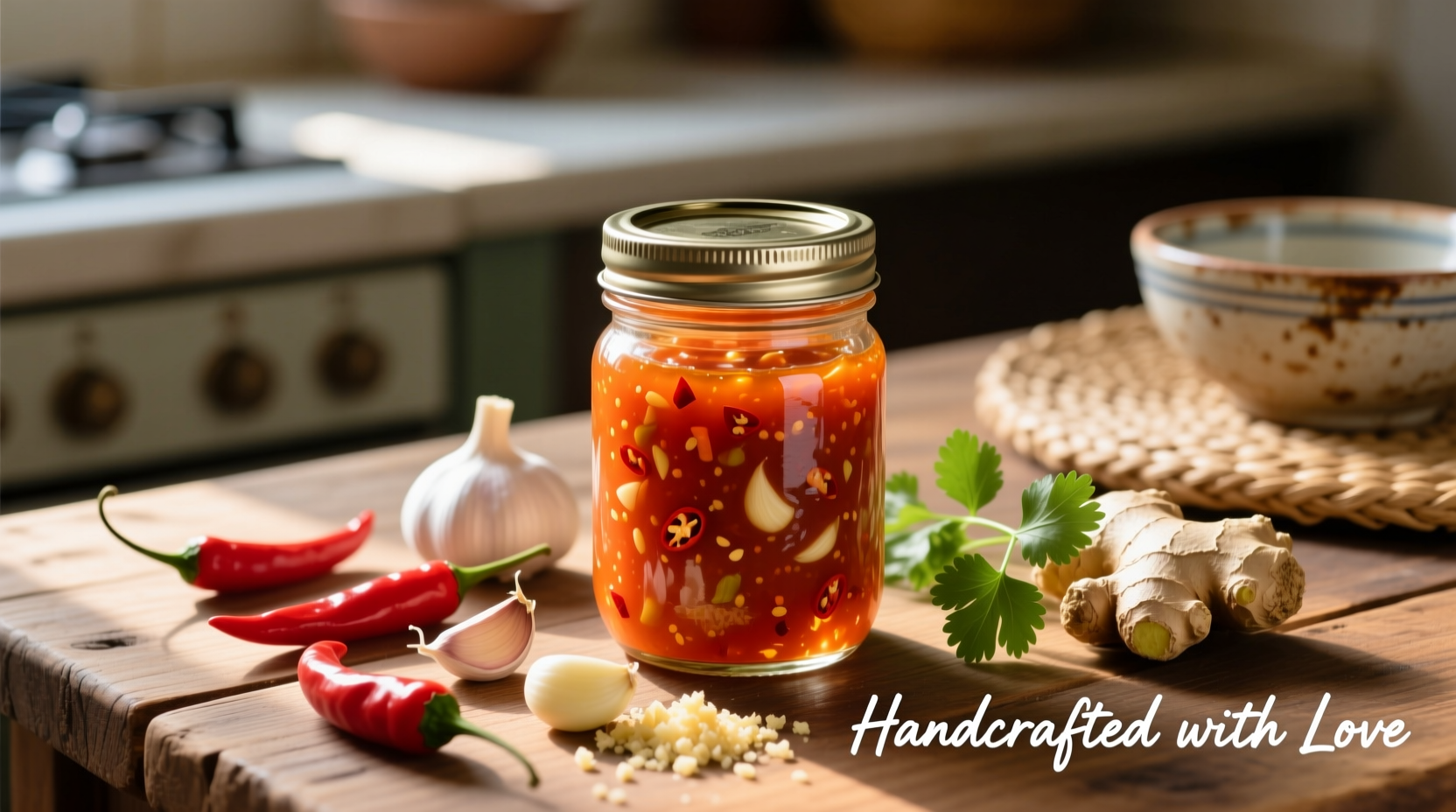 Homemade chili garlic sauce in glass jar with fresh ingredients