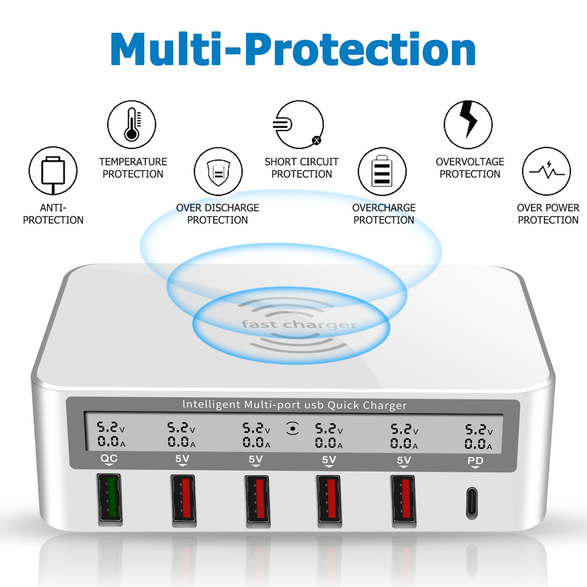 100W 6 ports Type C PD Smart Fast Charge 15w Qi wireless charger LCD display Screencargador inalambrico mulitport Usb charger