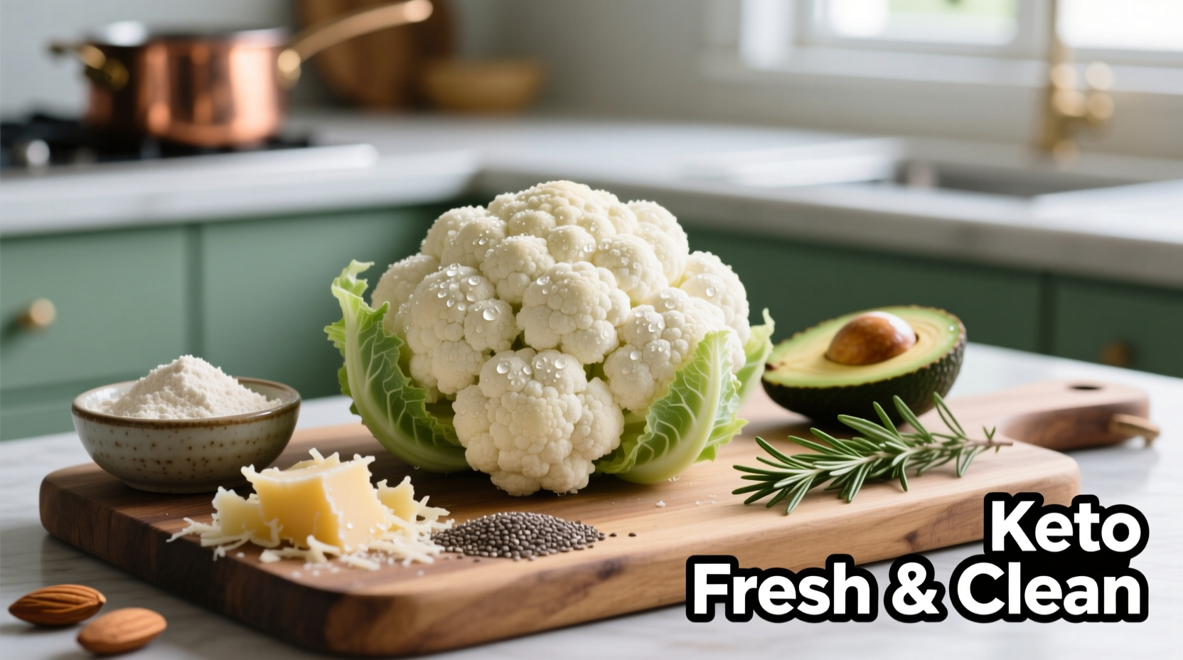 Fresh cauliflower florets on cutting board with keto ingredients